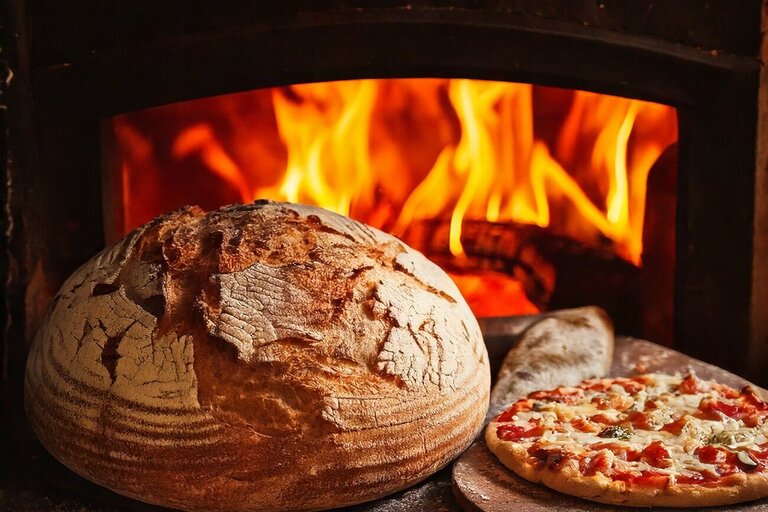 Firefly_Ein_rustikales_Holzofenbrot_und_eine_frisch_gebackene_Pizza__beide_mit_knuspriger__leicht_ge.jpg
